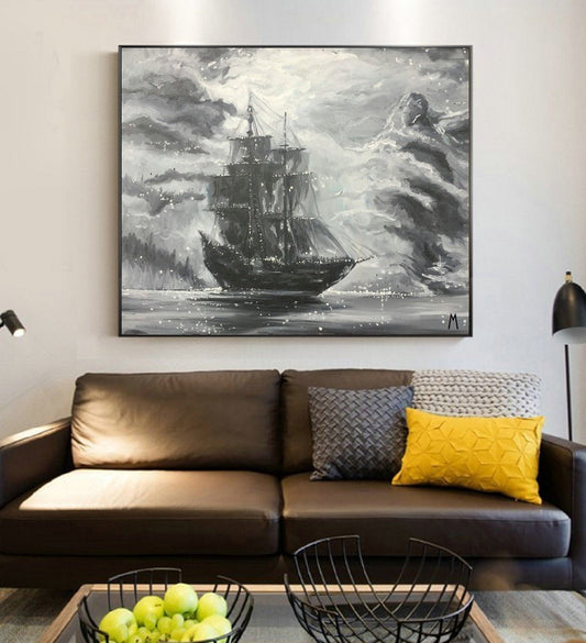 Original Extra large Sailing picture, Black White Abstract Painting, Large Wall Art Sailing painting, Nautical landscape Abstract painting