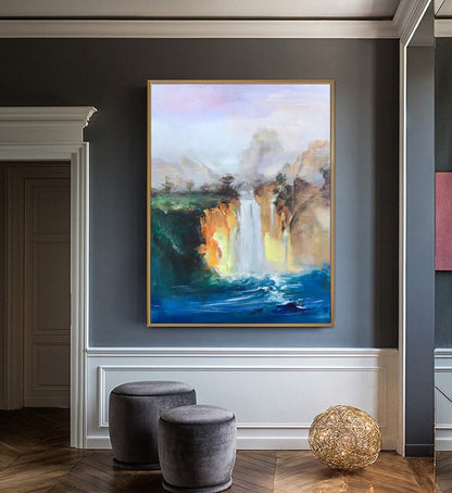 Large Original Landscape Painting,Blue Sea Painting,Landscape abstract painting,Waterfall landscape painting,Extra large wall art painting