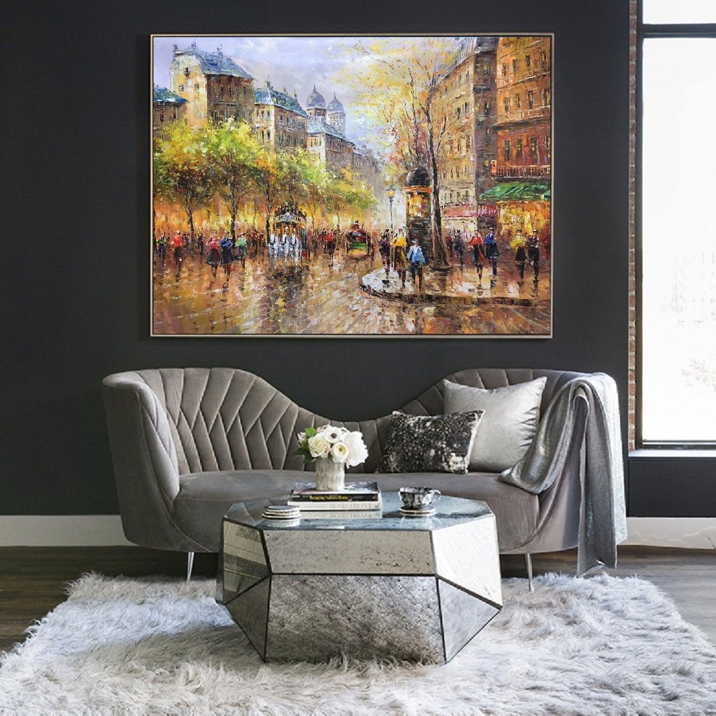 People walking in the bustling streets of Paris,Large wall art Paris City Landscape oil painting on Canvas,Original Paris city art painting