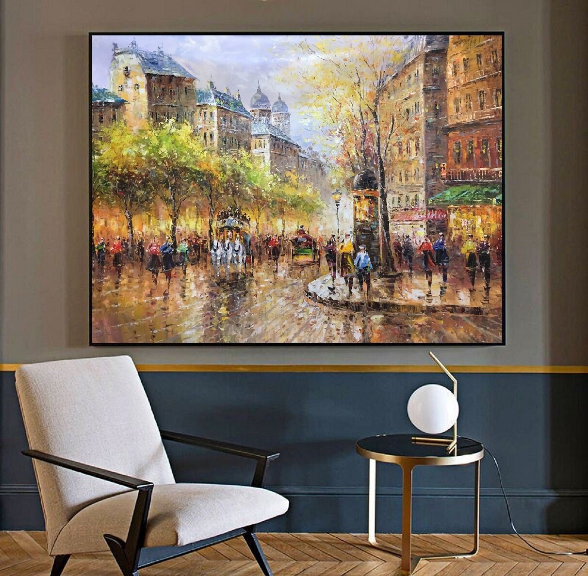 People walking in the bustling streets of Paris,Large wall art Paris City Landscape oil painting on Canvas,Original Paris city art painting