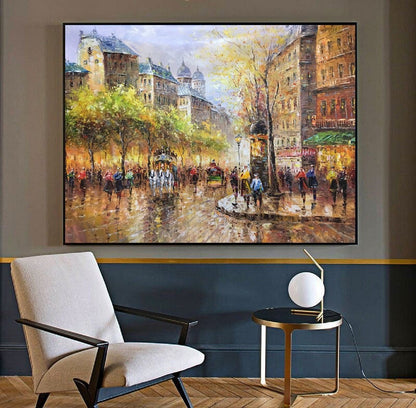 Large wall art Paris City Landscape oil painting on Canvas,Original Paris city art painting, People walking in the bustling streets of Paris