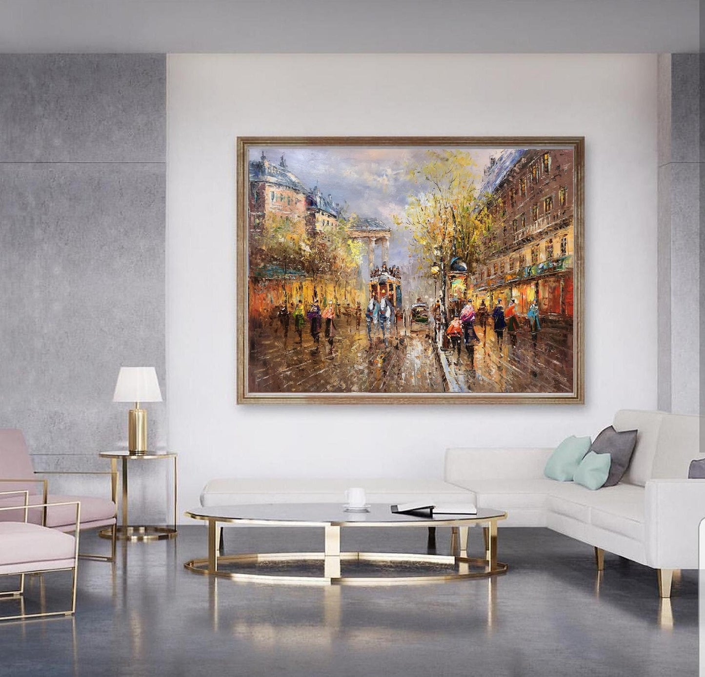 Original Paris city art painting,People walking in the bustling streets of Paris,Large wall art Paris City Landscape oil painting on Canvas