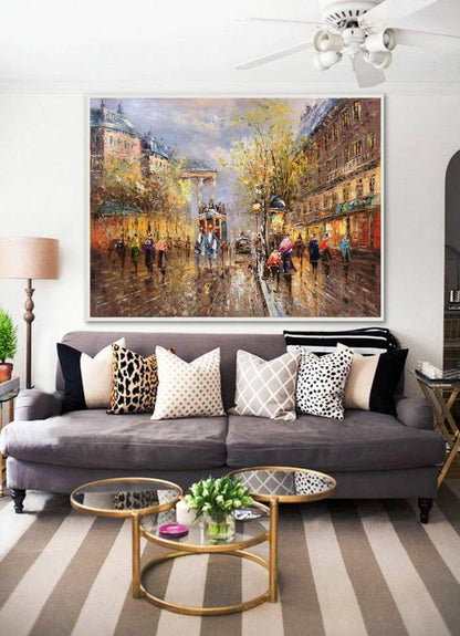 Original Paris city art painting,People walking in the bustling streets of Paris,Large wall art Paris City Landscape oil painting on Canvas