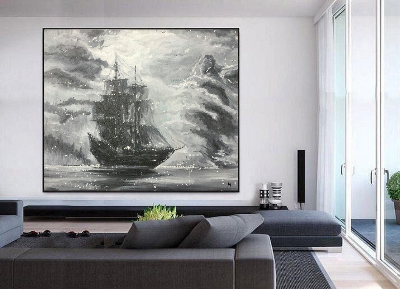 Original Extra large Sailing picture, Black White Abstract Painting, Large Wall Art Sailing painting, Nautical landscape Abstract painting