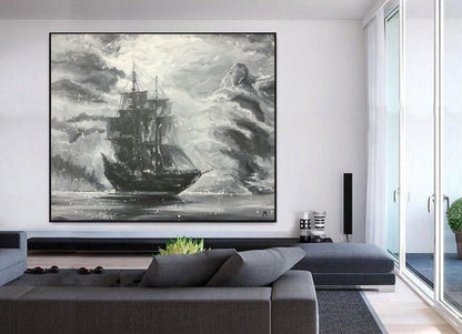 Original Extra large Sailing picture, Black White Abstract Painting, Large Wall Art Sailing painting, Nautical landscape Abstract painting