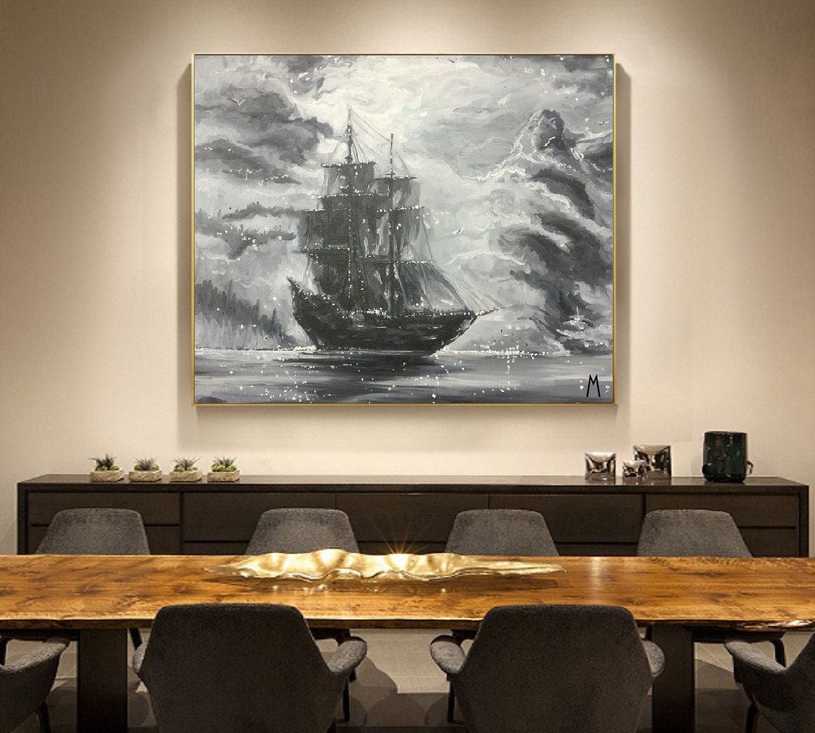 Original Extra large Sailing picture, Black White Abstract Painting, Large Wall Art Sailing painting, Nautical landscape Abstract painting