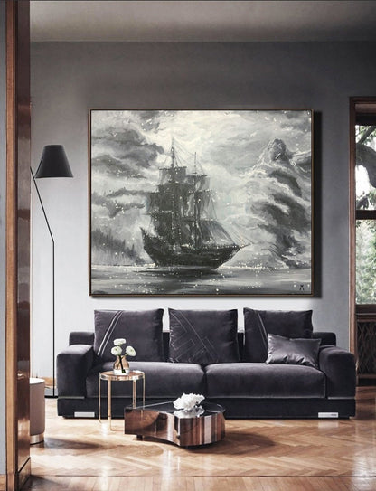 Original Extra large Sailing picture, Black White Abstract Painting, Large Wall Art Sailing painting, Nautical landscape Abstract painting