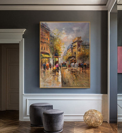 Paris city art painting,People walking in the bustling streets of Paris,Large Original Paris City Landscape oil painting on Canvas