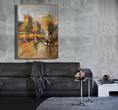 Original Paris City Landscape oil painting,People walking in the bustling streets of Paris,Oil painting of Street View of Paris City,France
