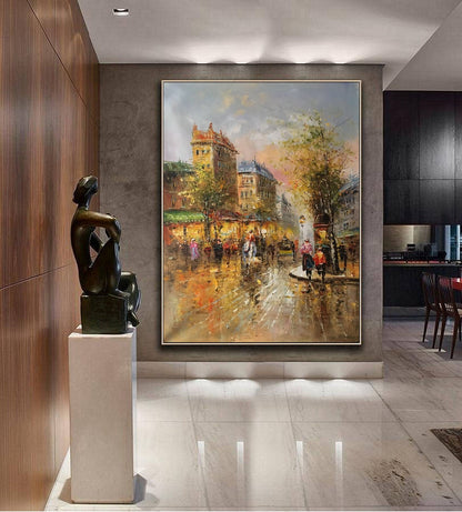 Original Paris City Landscape oil painting,People walking in the bustling streets of Paris,Oil painting of Street View of Paris City,France