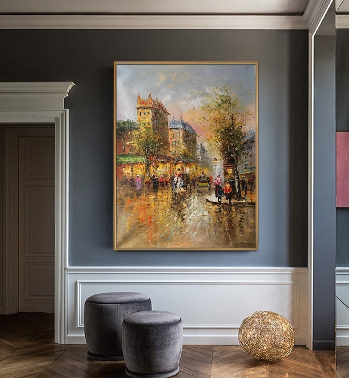 Original Paris City Landscape oil painting,People walking in the bustling streets of Paris,Oil painting of Street View of Paris City,France