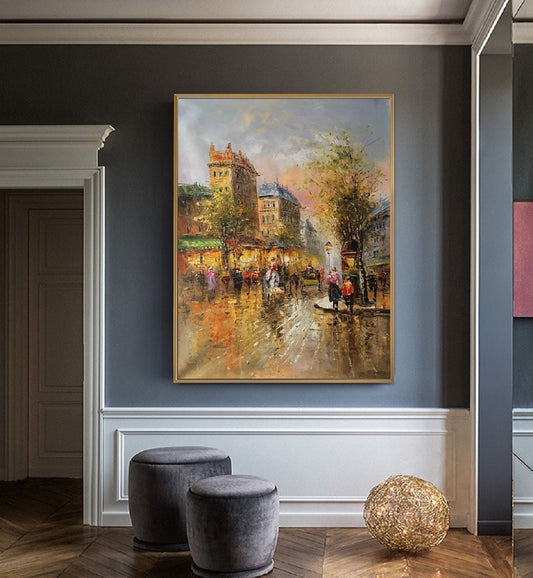 Original Paris City Landscape oil painting,People walking in the bustling streets of Paris,Oil painting of Street View of Paris City,France