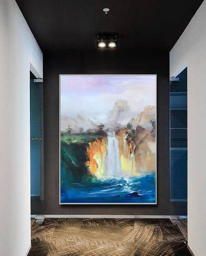 Large Original Landscape Painting,Blue Sea Painting,Landscape abstract painting,Waterfall landscape painting,Extra large wall art painting