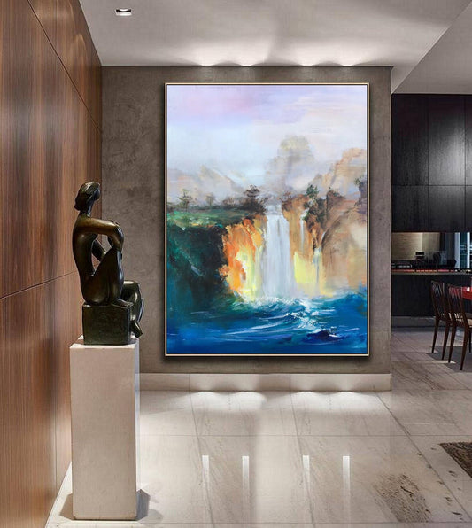 Large Original Landscape Painting,Blue Sea Painting,Landscape abstract painting,Waterfall landscape painting,Extra large wall art painting