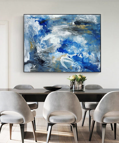 Large Abstract Painting, Blue Painting,Large White Clouds abstract painting,Sky Abstract Painting, Ocean Landscape Painting, Living Room Art