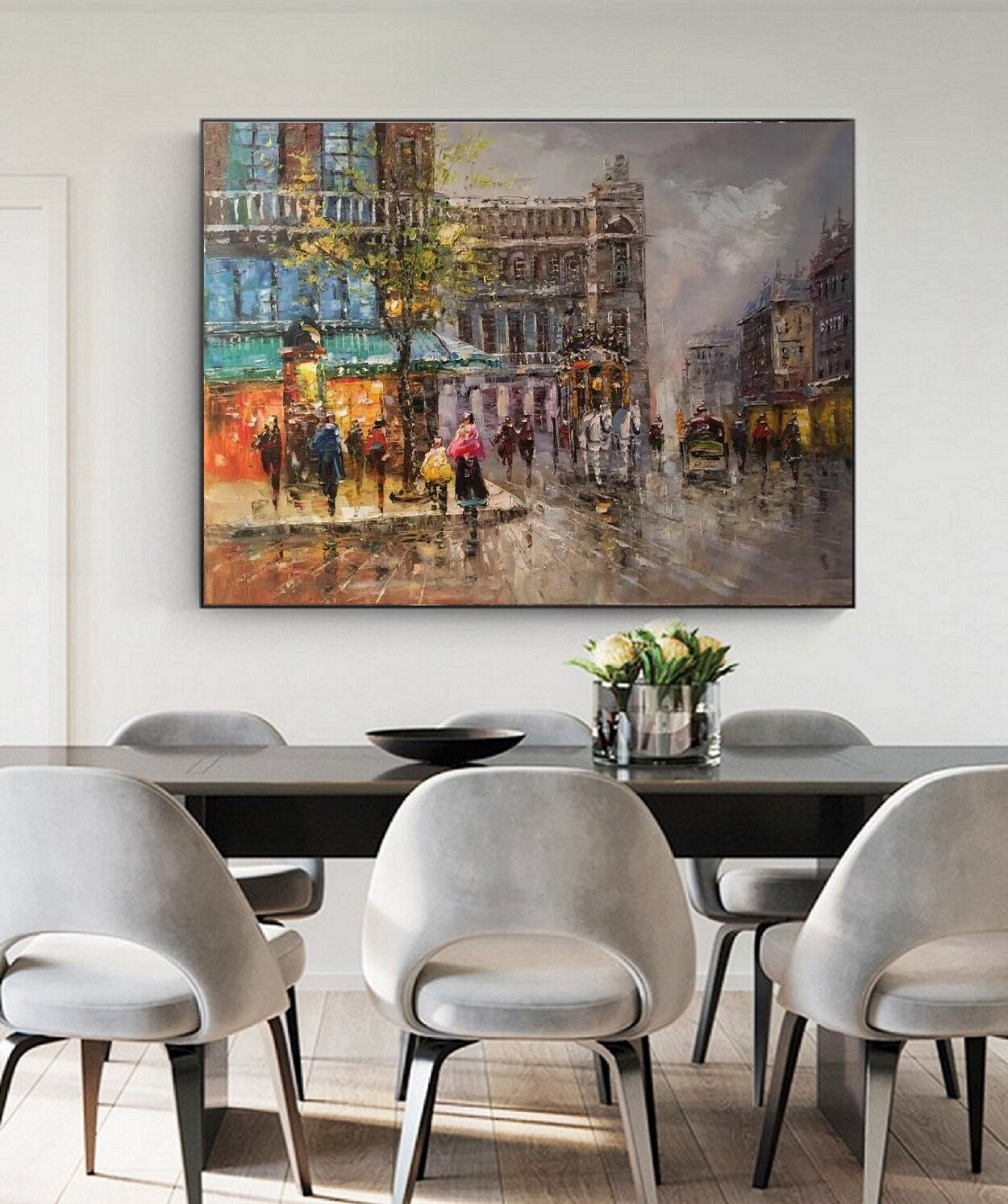 Original Paris city art painting on Canvas,Large wall art Paris City Landscape Oil On Canvas,People walking in the bustling streets of Paris