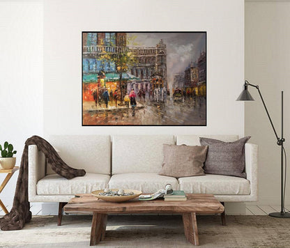 Original Paris city art painting on Canvas,Large wall art Paris City Landscape Oil On Canvas,People walking in the bustling streets of Paris