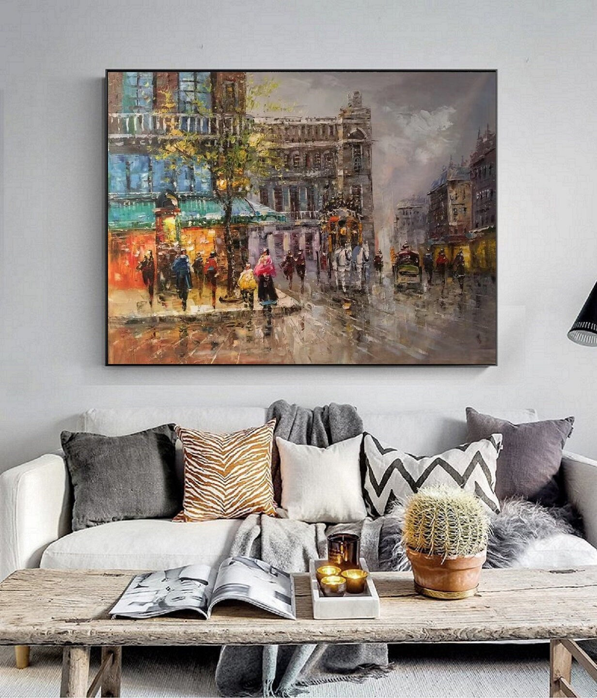 Original Paris city art painting on Canvas,Large wall art Paris City Landscape Oil On Canvas,People walking in the bustling streets of Paris