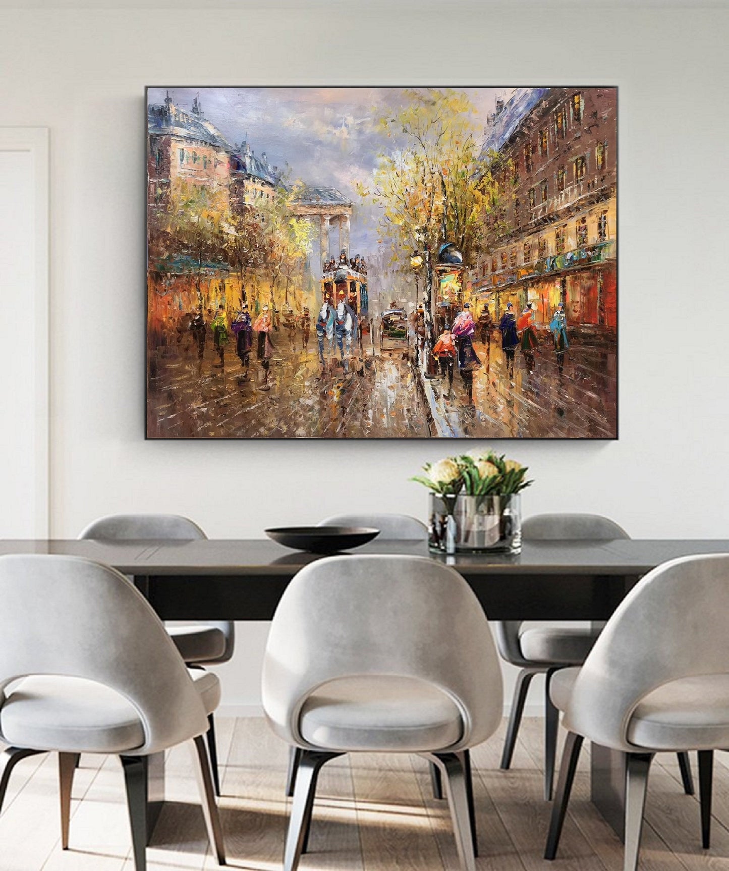 Original Paris city art painting,People walking in the bustling streets of Paris,Large wall art Paris City Landscape oil painting on Canvas
