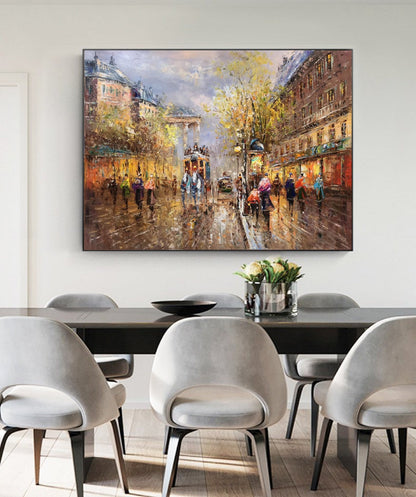 Original Paris city art painting,People walking in the bustling streets of Paris,Large wall art Paris City Landscape oil painting on Canvas