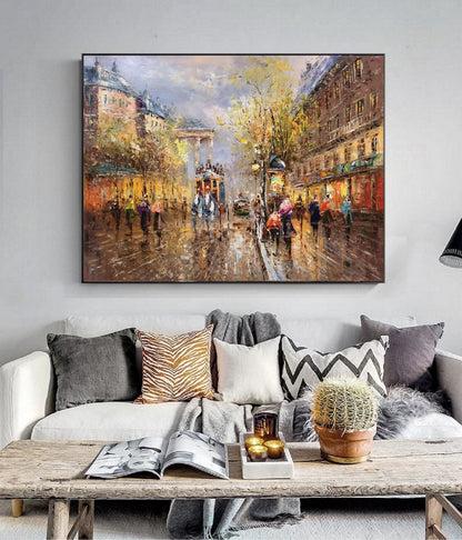Original Paris city art painting,People walking in the bustling streets of Paris,Large wall art Paris City Landscape oil painting on Canvas