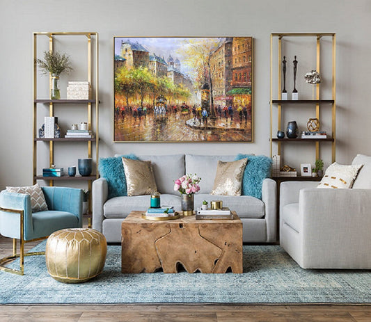 People walking in the bustling streets of Paris,Large wall art Paris City Landscape oil painting on Canvas,Original Paris city art painting