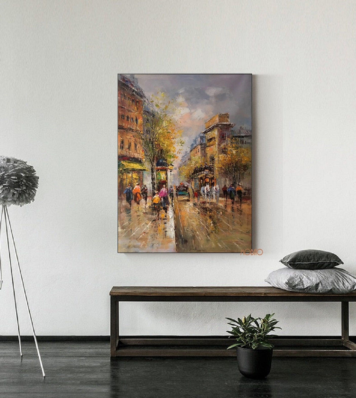 Paris city art painting,People walking in the bustling streets of Paris,Large Original Paris City Landscape oil painting on Canvas