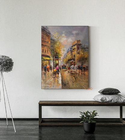 Paris city art painting,People walking in the bustling streets of Paris,Large Original Paris City Landscape oil painting on Canvas