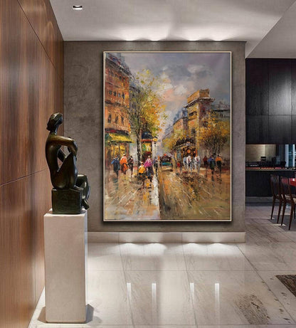 Paris city art painting,People walking in the bustling streets of Paris,Large Original Paris City Landscape oil painting on Canvas
