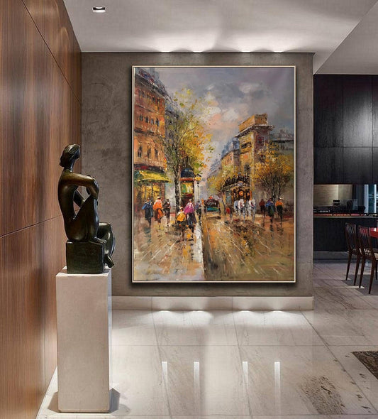Paris city art painting,People walking in the bustling streets of Paris,Large Original Paris City Landscape oil painting on Canvas