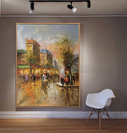 Original Paris City Landscape oil painting,People walking in the bustling streets of Paris,Oil painting of Street View of Paris City,France