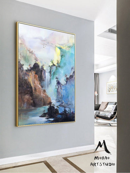 Original Waterfall landscape painting,Large mountain landscape painting on Canvas,Large Landscape abstract painting,Living room art painting