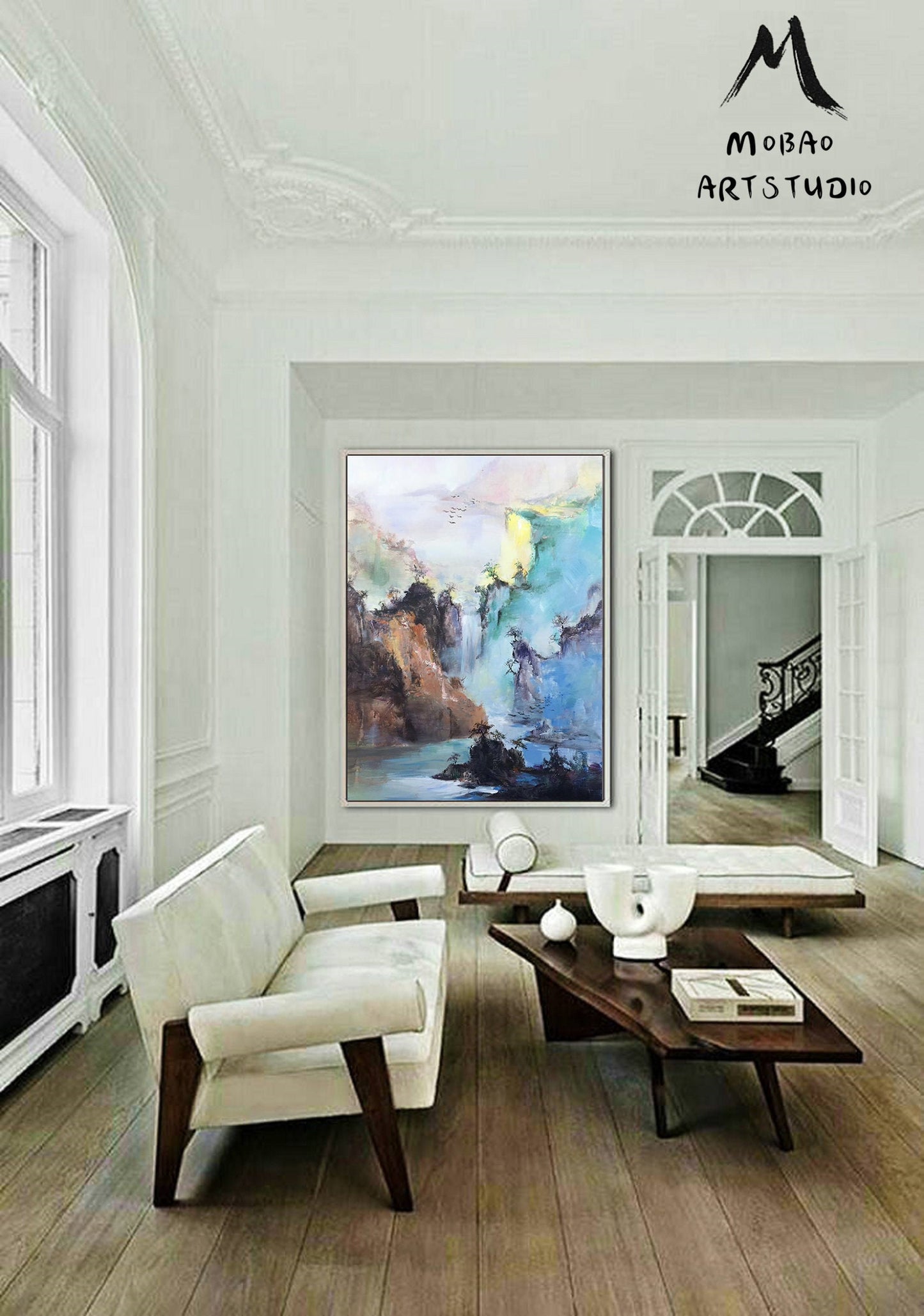 Original Waterfall landscape painting,Large mountain landscape painting on Canvas,Large Landscape abstract painting,Living room art painting