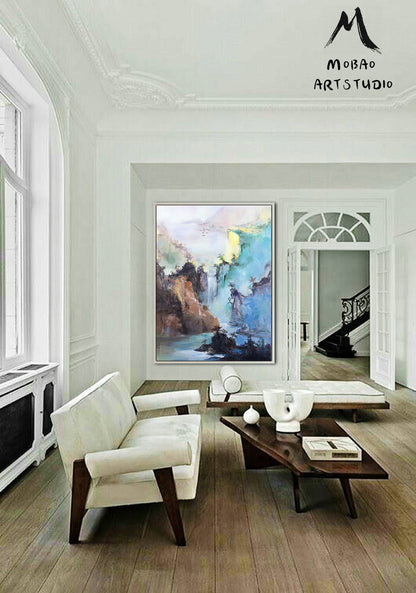 Original Waterfall landscape painting,Large mountain landscape painting on Canvas,Large Landscape abstract painting,Living room art painting