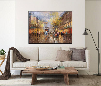 Original Paris city art painting,People walking in the bustling streets of Paris,Large wall art Paris City Landscape oil painting on Canvas