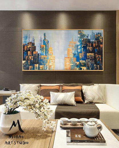 Large City Skyline Painting, Modern Urban Blue abstract painting, Sky painting, New York City abstract painting on Canvas, New York Wall Art