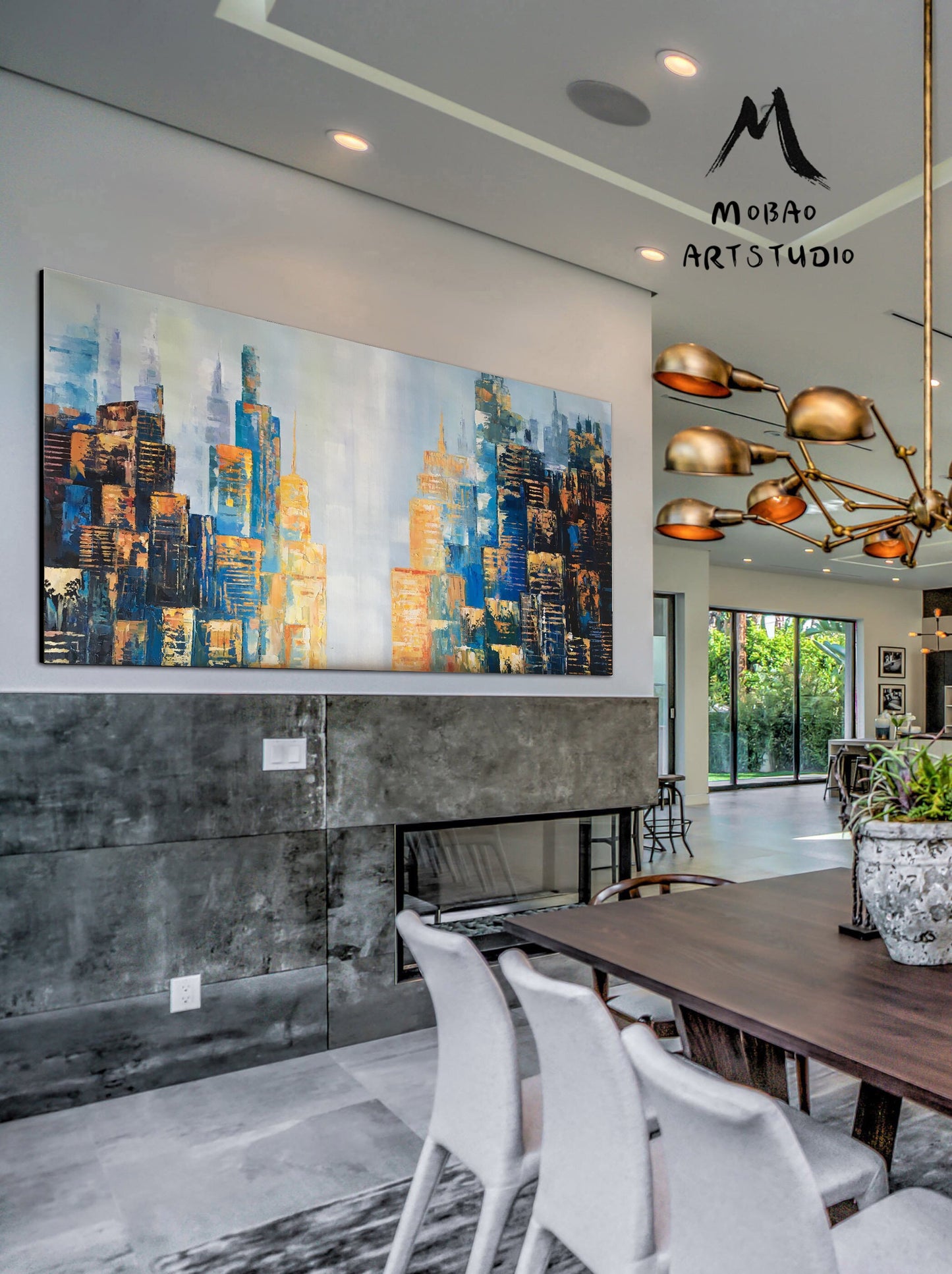 Large City Skyline Painting, Modern Urban Blue abstract painting, Sky painting, New York City abstract painting on Canvas, New York Wall Art