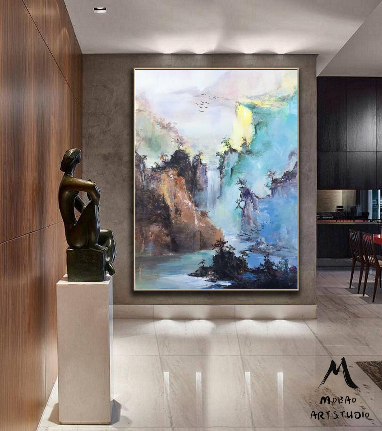 Original Waterfall landscape painting,Large mountain landscape painting on Canvas,Large Landscape abstract painting,Living room art painting