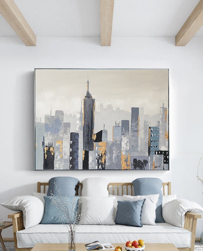 Large Wall City oil painting, Large Abstract Painting, New York skyline city art painting on Canvas,City architecture landscape oil painting