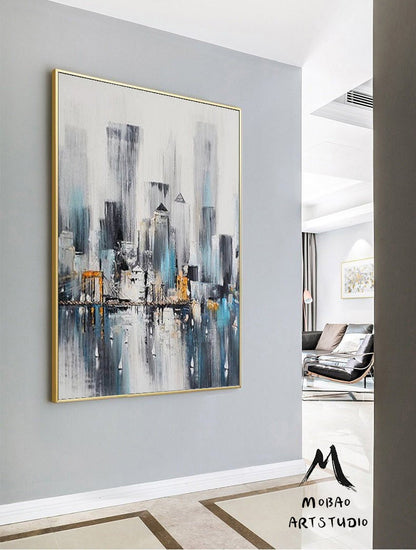 Original City View Abstract oil painting,Large Wall city oil painting,New York city oil painting Artwork,Skyline city art painted on canvas