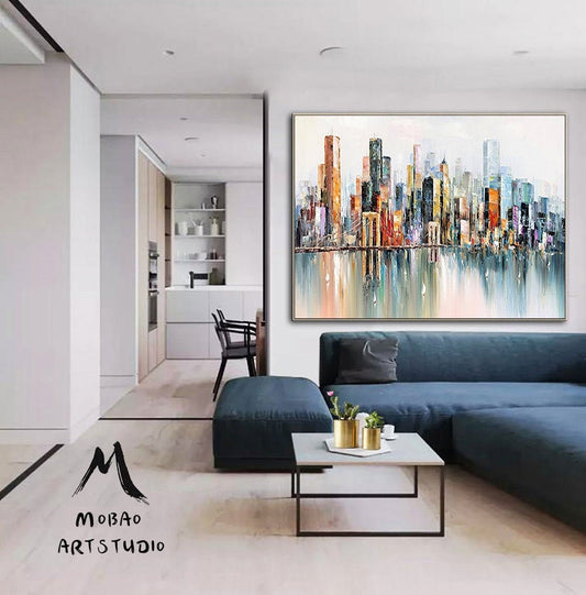 Large New York City Landscape Oil painting, Abstract urban landscape painting, City art oil painting decor, Original city art oil painting
