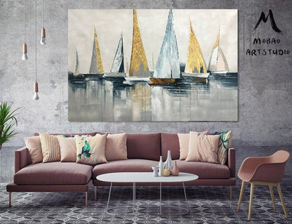 Original Sailboats gather in the harbor landscape to paint Artwork, Large sailboat abstract painting, Nautical oil painting art on Canvas