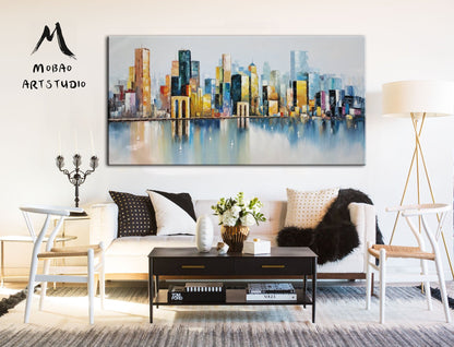 Large City abstract art painting, New York City Landscape painting, Abstract painting, Brooklyn Bridge Landscape painting, Large wall art