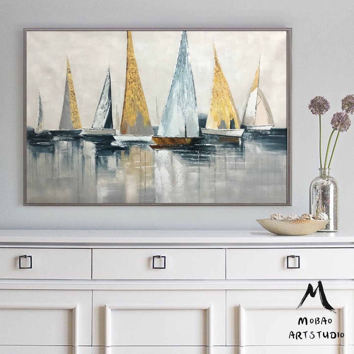 Original Sailboats gather in the harbor landscape to paint Artwork, Large sailboat abstract painting, Nautical oil painting art on Canvas