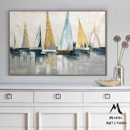 Original Sailboats gather in the harbor landscape to paint Artwork, Large sailboat abstract painting, Nautical oil painting art on Canvas