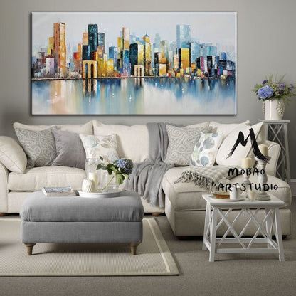 Large City abstract art painting, New York City Landscape painting, Abstract painting, Brooklyn Bridge Landscape painting, Large wall art