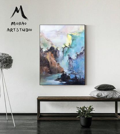 Original Waterfall landscape painting,Large mountain landscape painting on Canvas,Large Landscape abstract painting,Living room art painting
