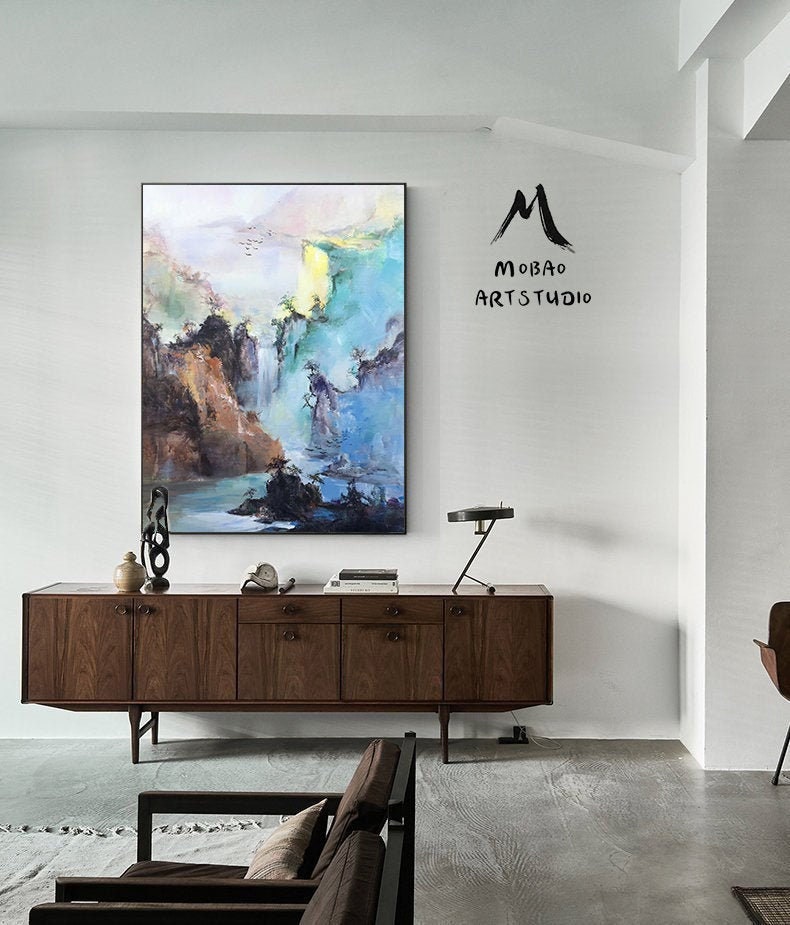 Original Waterfall landscape painting,Large mountain landscape painting on Canvas,Large Landscape abstract painting,Living room art painting
