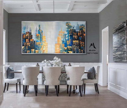 Large City Skyline Painting, Modern Urban Blue abstract painting, Sky painting, New York City abstract painting on Canvas, New York Wall Art