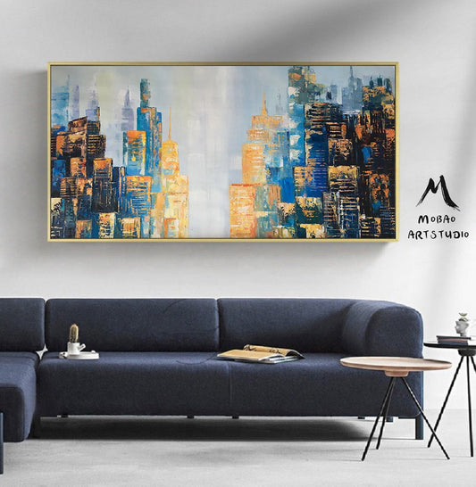 Large City Skyline Painting, Modern Urban Blue abstract painting, Sky painting, New York City abstract painting on Canvas, New York Wall Art